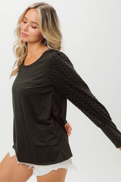 BiBi Round Neck Polka Dot Lantern Sleeve Top - AllIn Computer