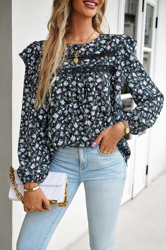 Printed Round Neck Long Sleeve Blouse - AllIn Computer