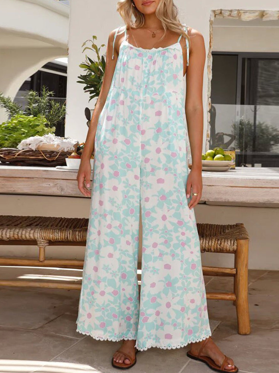 Printed Wide Leg Jumpsuit with Pockets - AllIn Computer