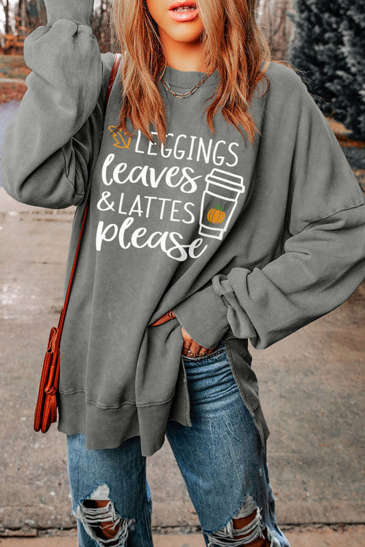 Round Neck Dropped Shoulder LEGGINGS LEAVES LATTES PLEASE Graphic Sweatshirt - AllIn Computer