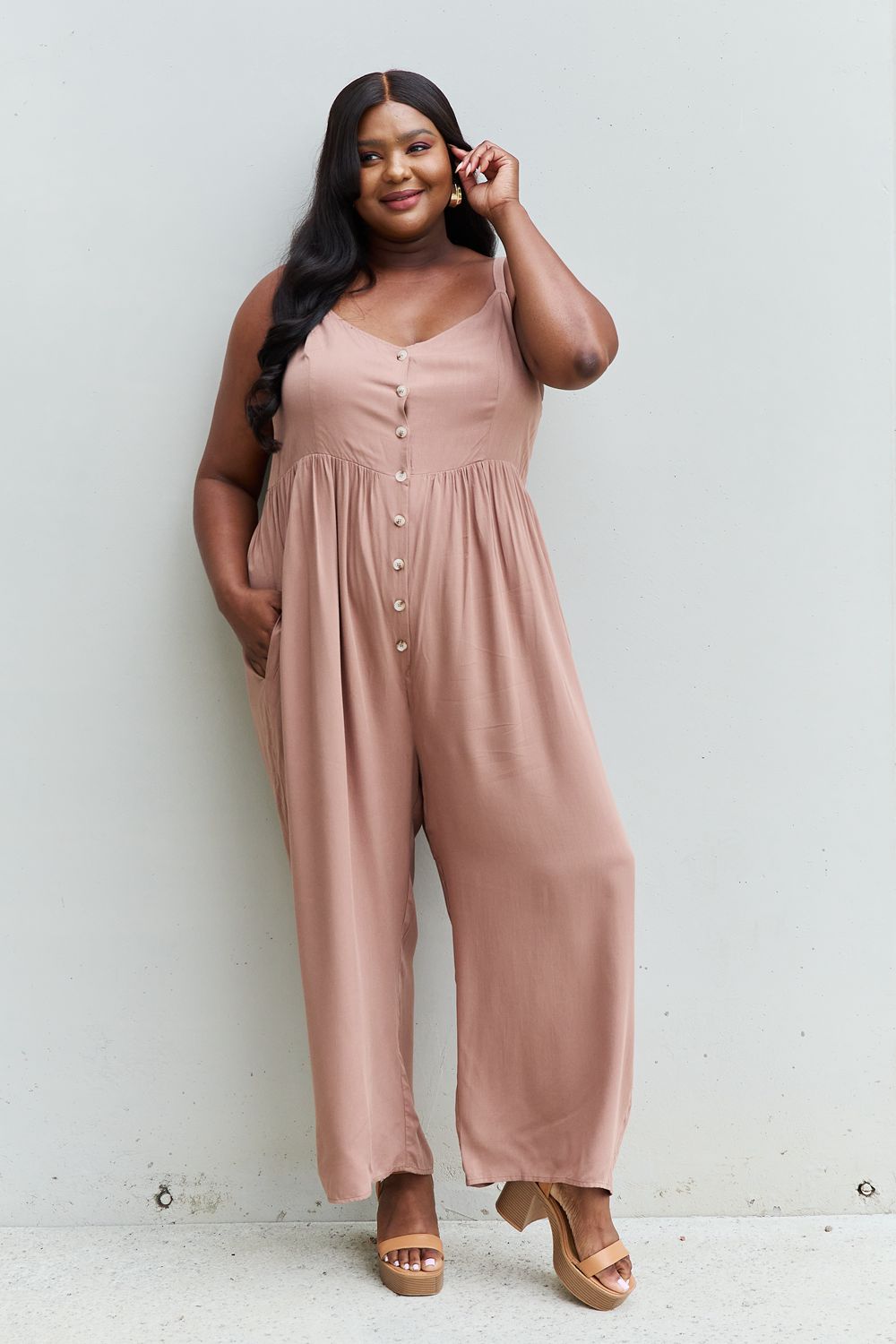 HEYSON All Day Full Size Wide Leg Button Down Jumpsuit in Mocha - AllIn Computer