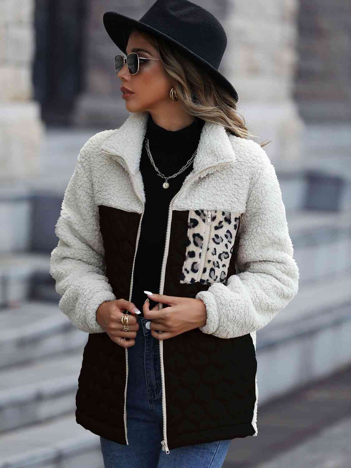Leopard Color Block Zip-Up Jacket - AllIn Computer