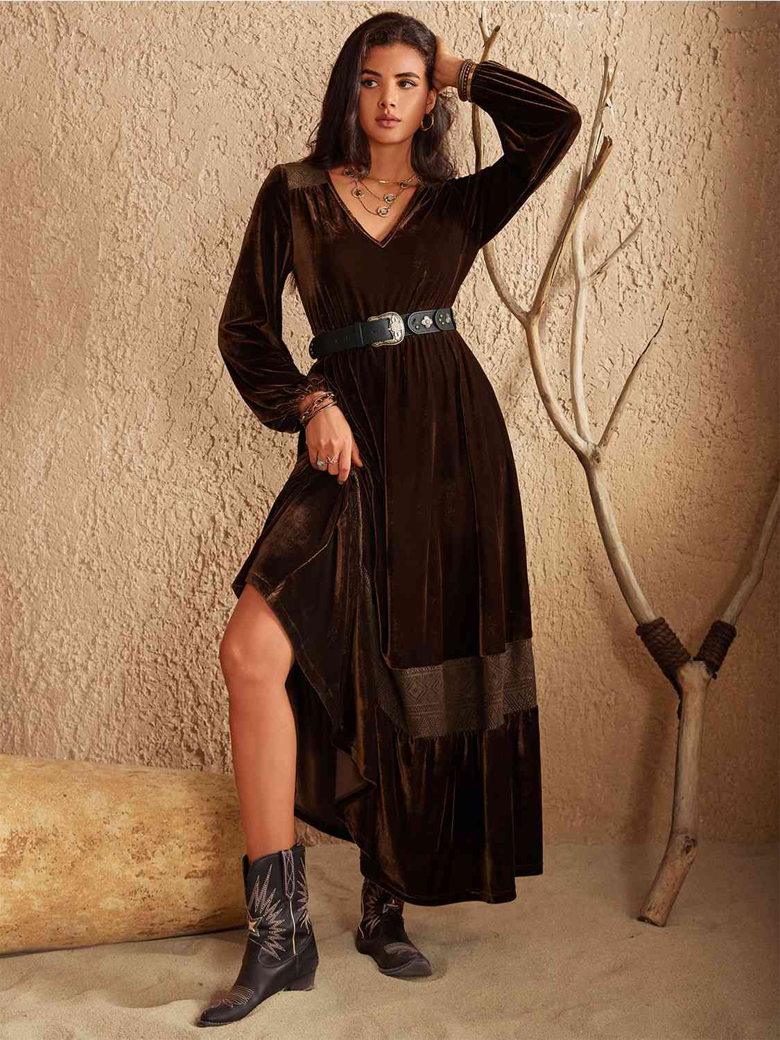 Ruffled V-Neck Long Sleeve Dress - AllIn Computer