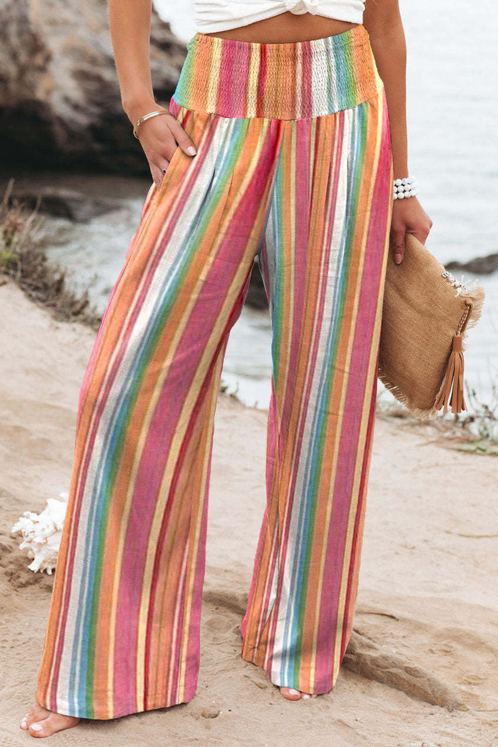 Striped Smocked Waist Pants with Pockets - AllIn Computer