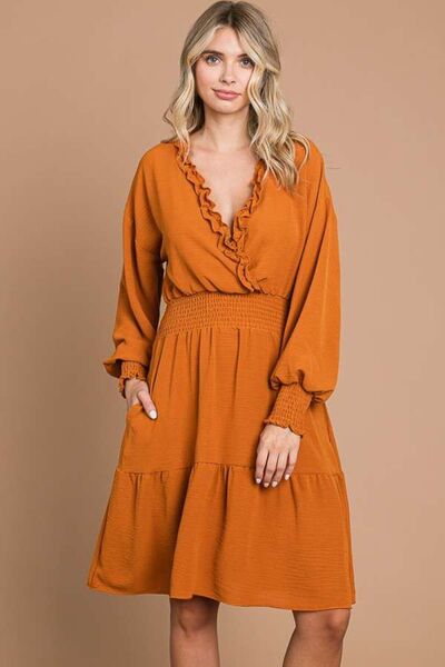 Culture Code Full Size Frill Smocked Lantern Sleeve Mini Dress - AllIn Computer