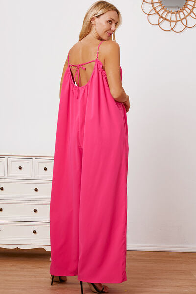 Full Size Ruffle Trim Tie Back Cami Jumpsuit with Pockets - AllIn Computer