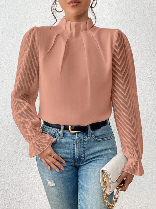 Mock Neck Flounce Sleeve Blouse - AllIn Computer