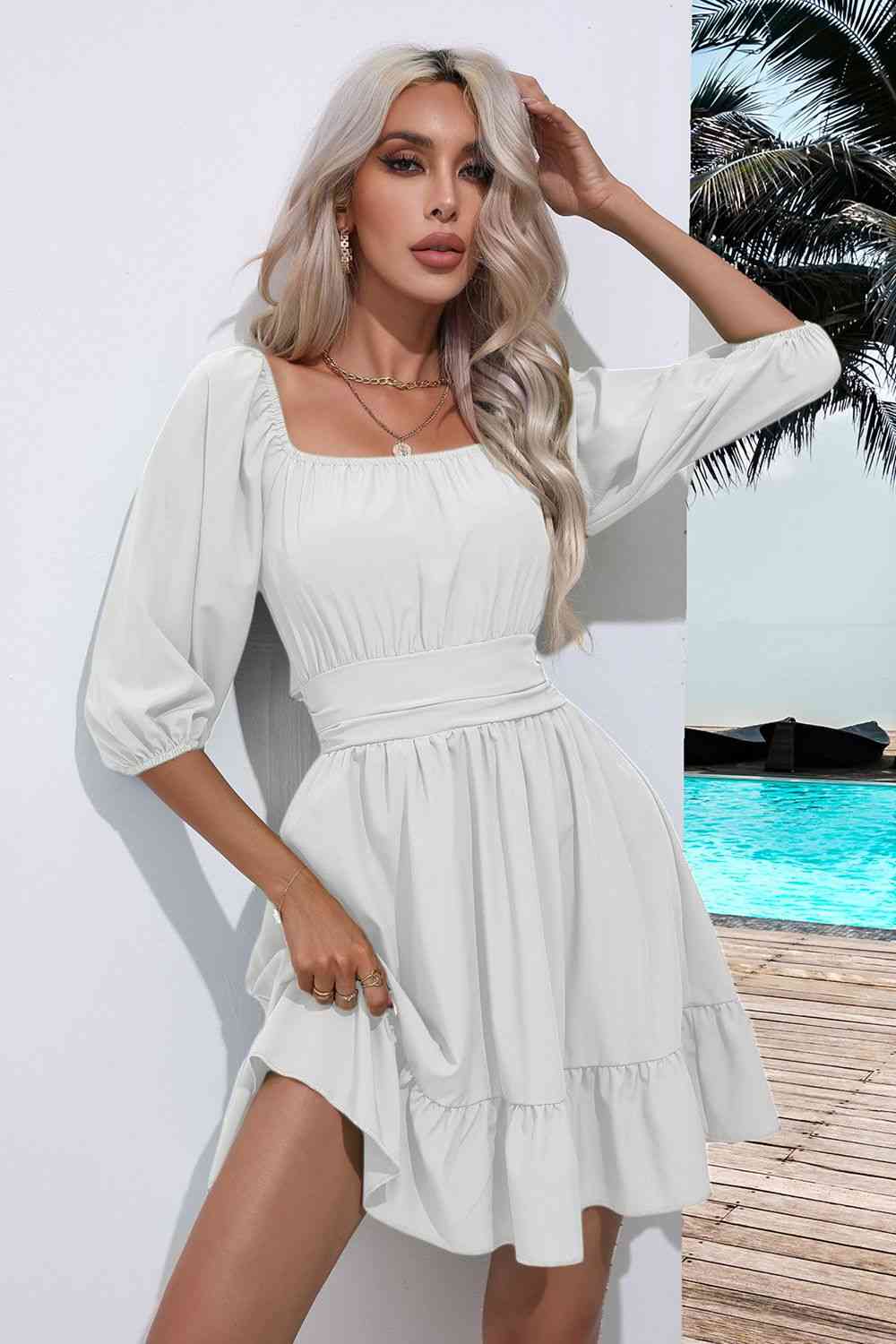 Square Neck Tie Back Ruffle Hem Dress - AllIn Computer