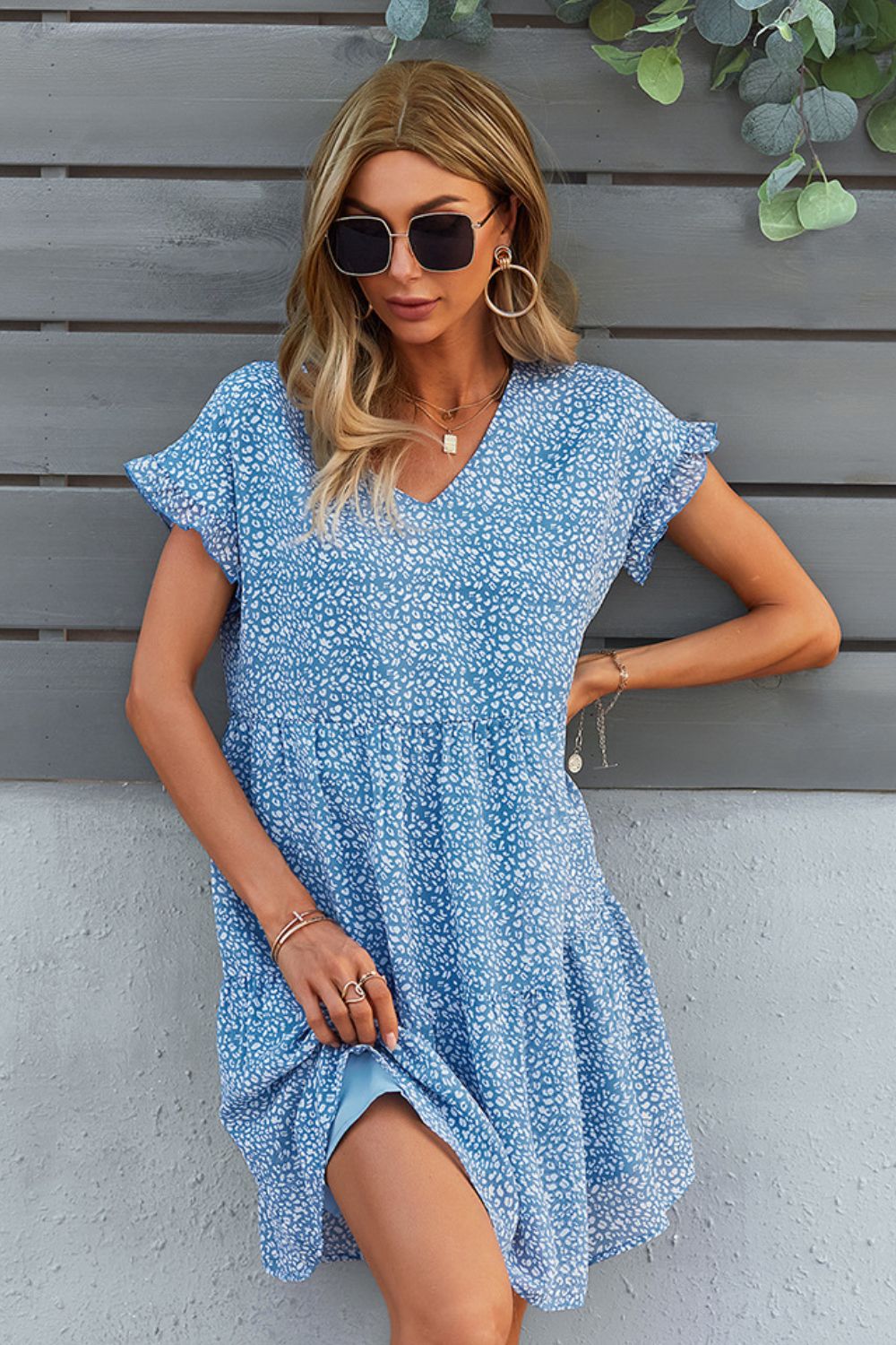 Printed V-Neck Short Sleeve Tiered Dress - AllIn Computer