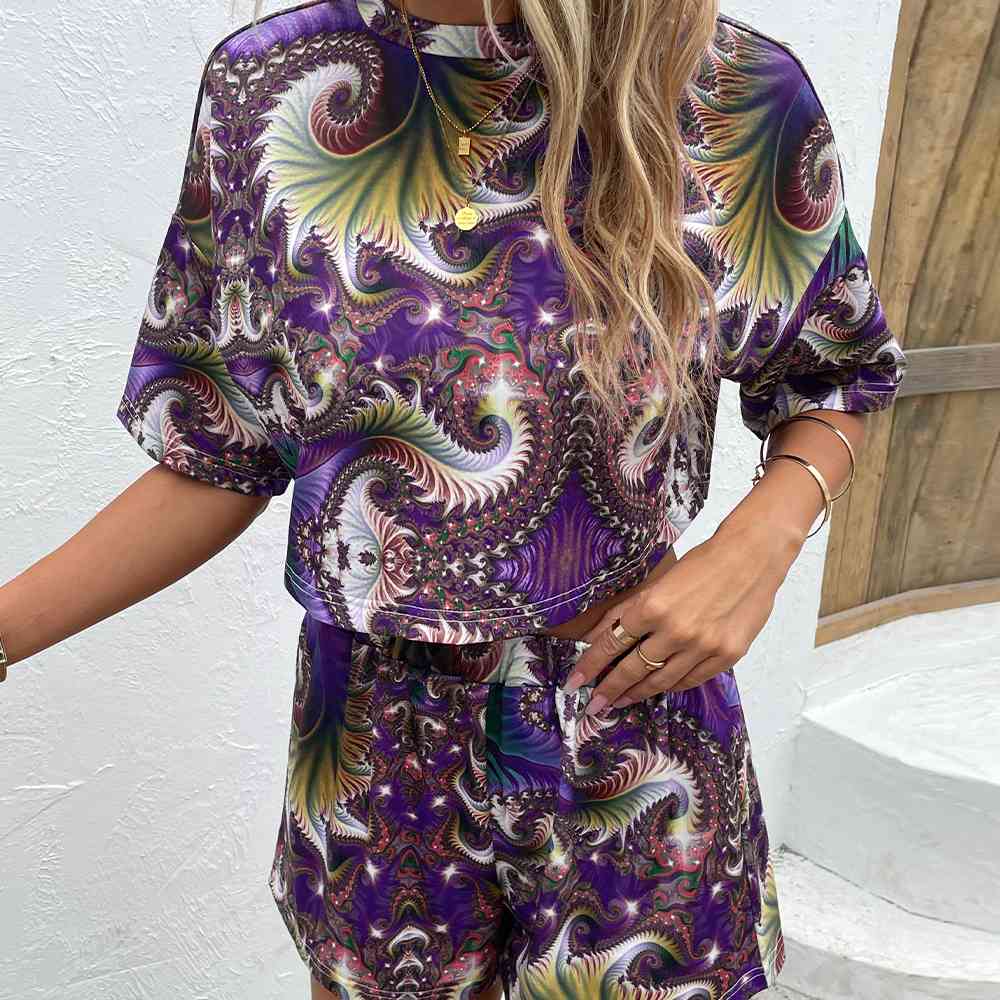 Printed Round Neck Dropped Shoulder Half Sleeve Top and Shorts Set - AllIn Computer