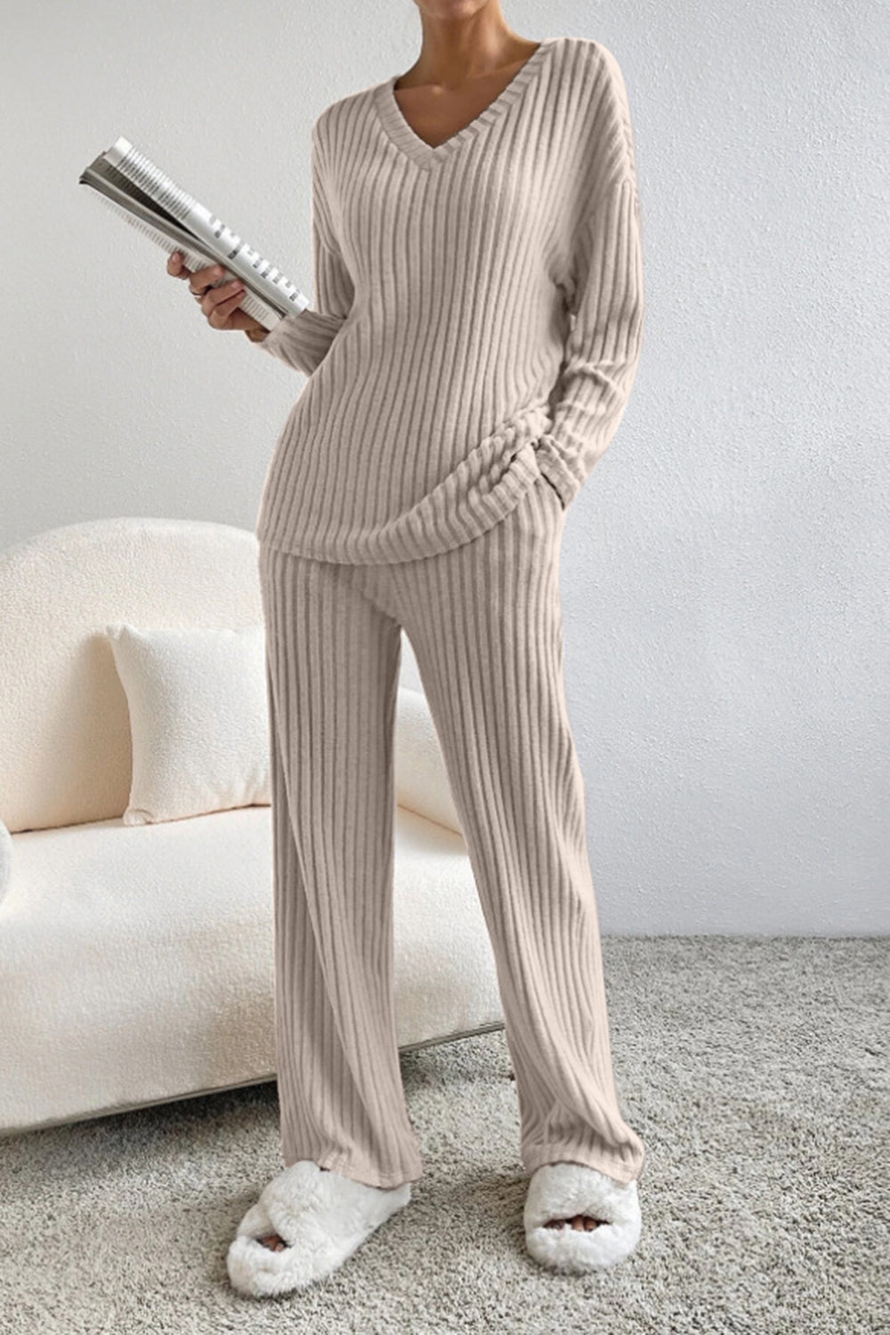 Ribbed V-Neck Top and Pants Set - AllIn Computer