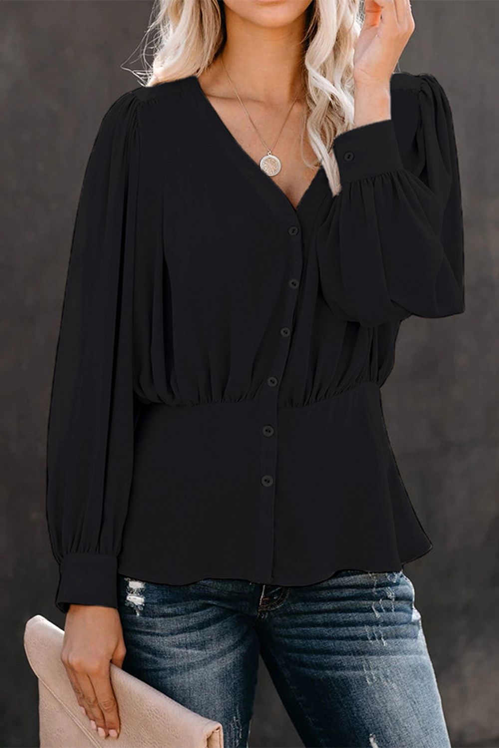 Buttoned Puff Sleeve Blouse - AllIn Computer