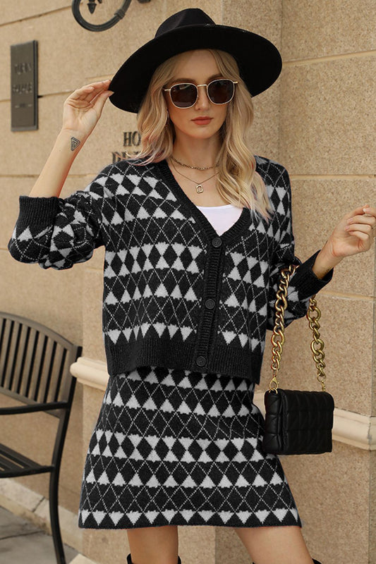 Geometric Dropped Shoulder Cardigan and Knit Skirt Set - AllIn Computer