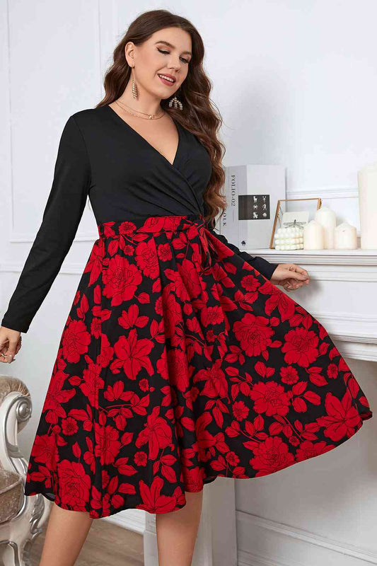 Plus Size Floral Surplice Neck Long Sleeve Dress - AllIn Computer