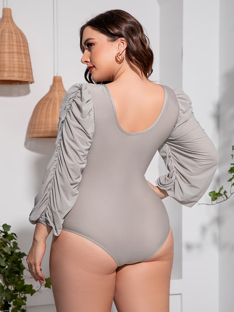 Plus Size Tied Deep V Balloon Sleeve One-Piece Swimsuit - AllIn Computer