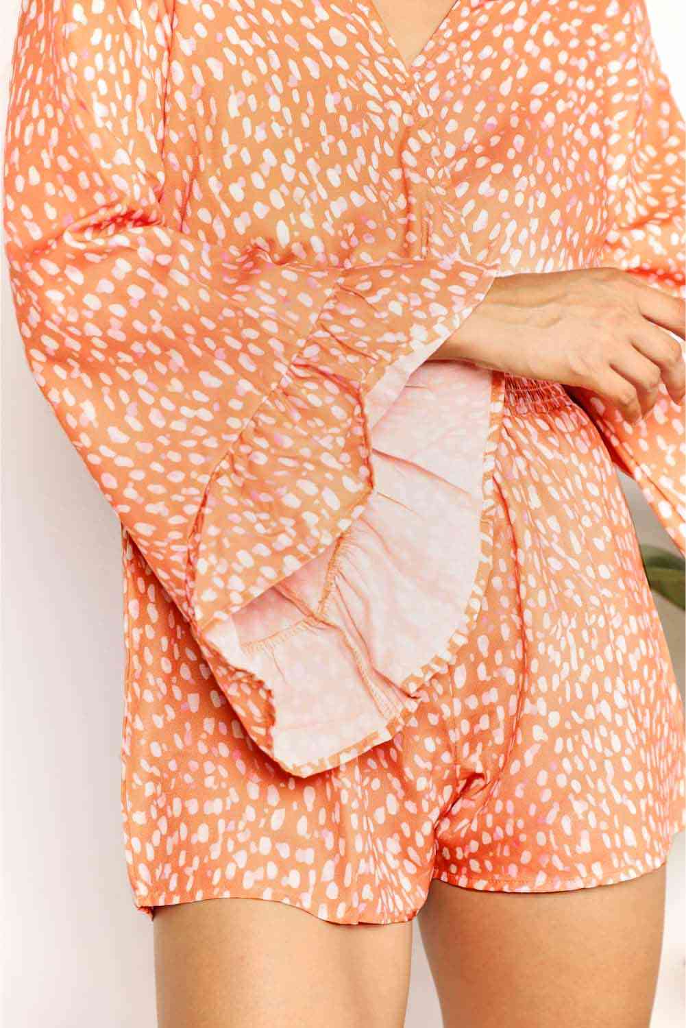Double Take Printed Flare Sleeve Surplice Romper - AllIn Computer
