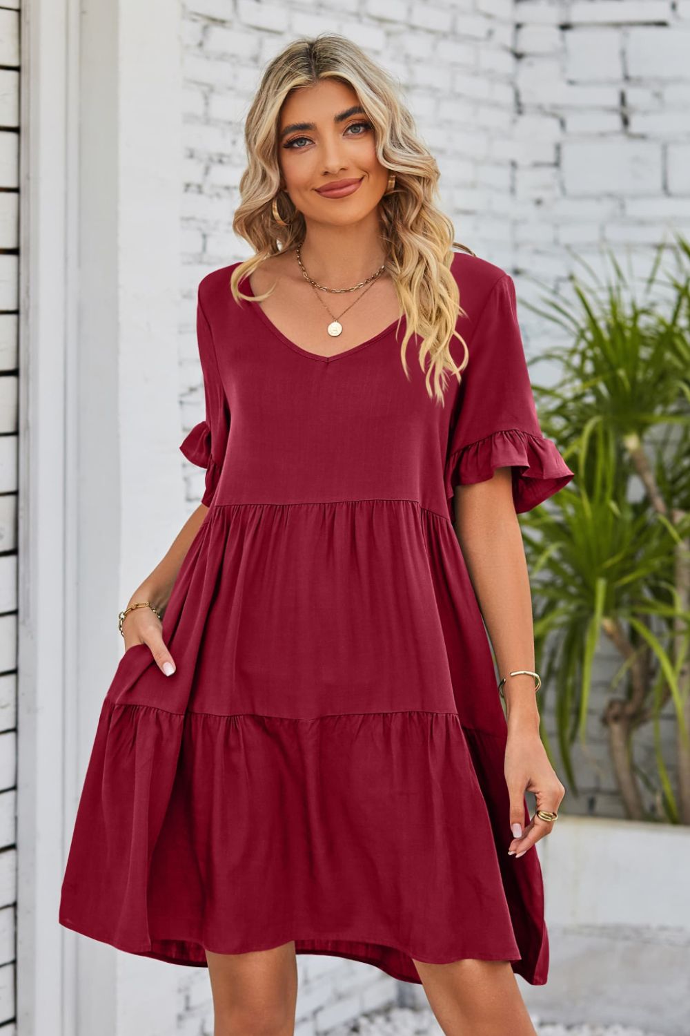 V-Neck Flounce Sleeve Tiered Dress - AllIn Computer