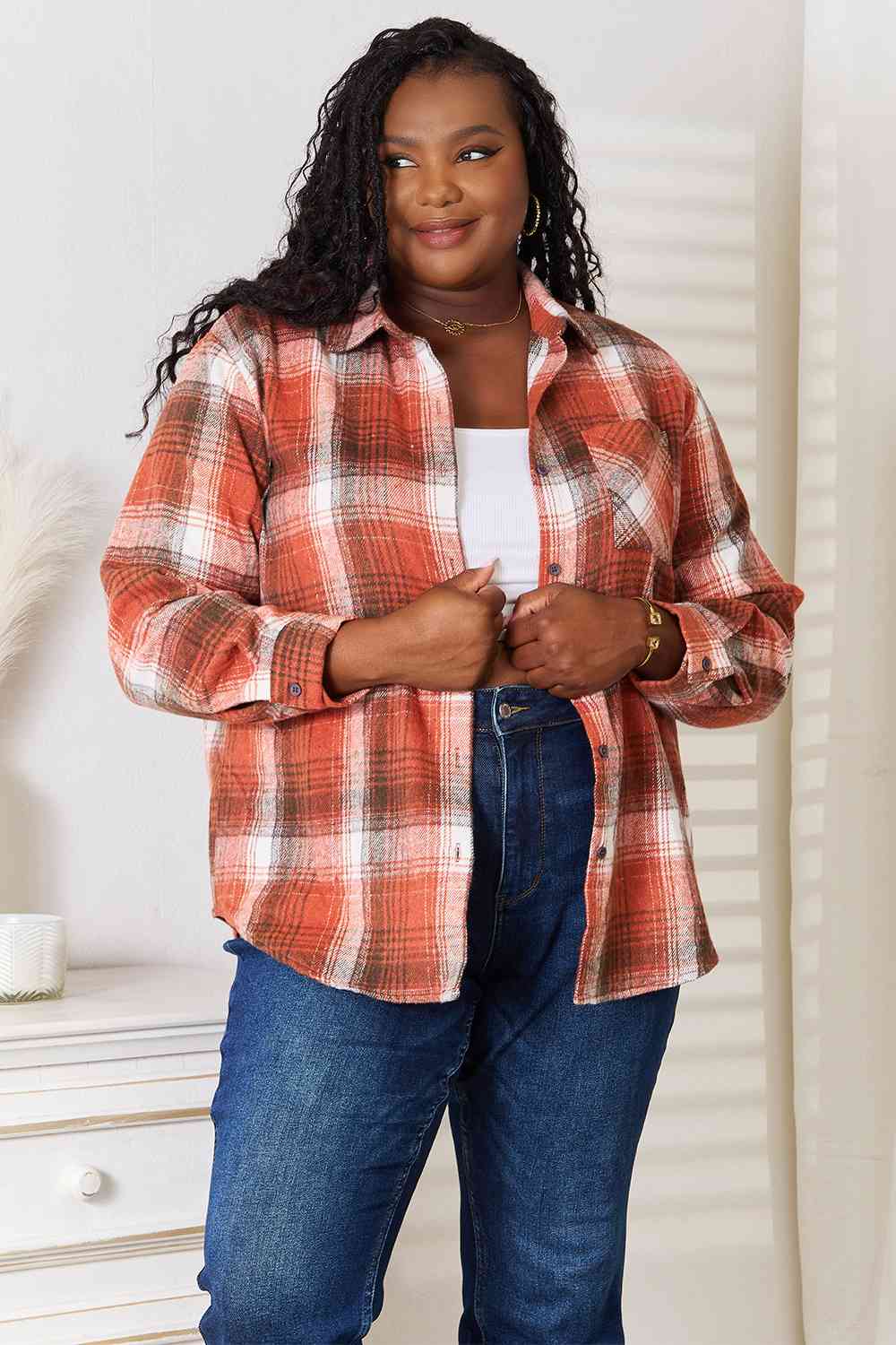 Double Take Plaid Collared Neck Long Sleeve Shirt - AllIn Computer