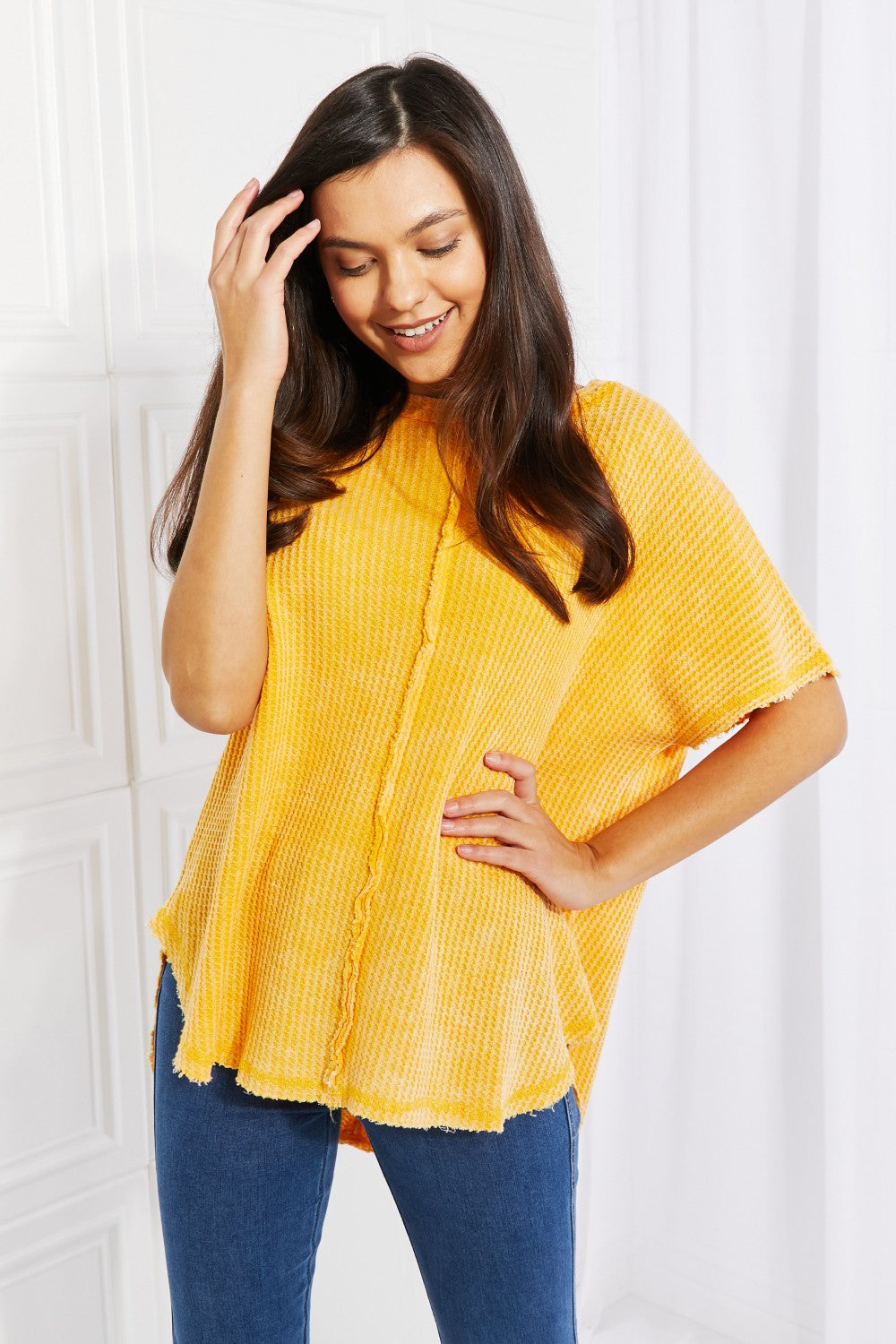 Zenana Start Small Washed Waffle Knit Top in Yellow Gold - AllIn Computer