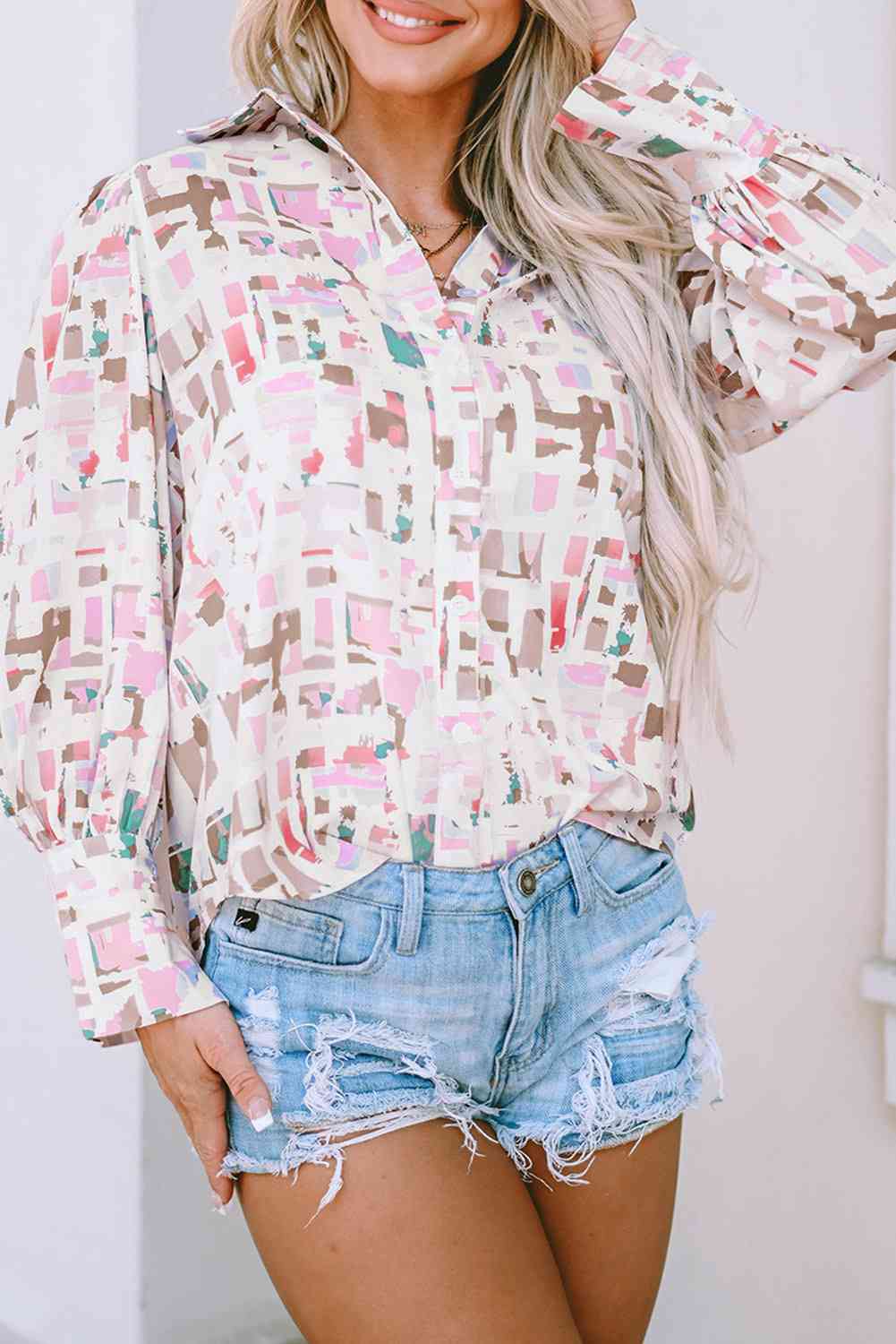 Printed Collared Neck Long Sleeve Shirt - AllIn Computer