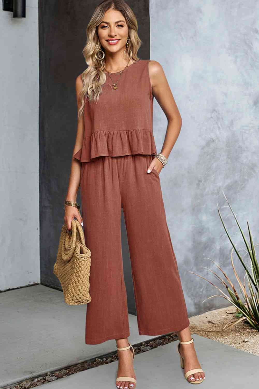 Decorative Button Ruffle Hem Tank and Pants Set | CLOTHING,SHOES & ACCESSORIES | DY, outfit sets, Ship From Overseas | Trendsi