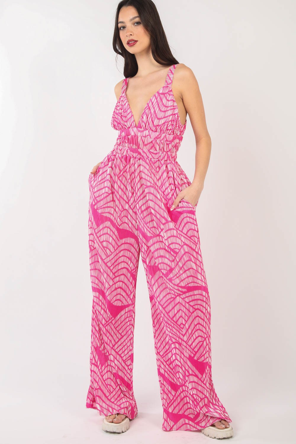 VERY J Printed Pleated Sleeveless Wide Leg Jumpsuit - AllIn Computer