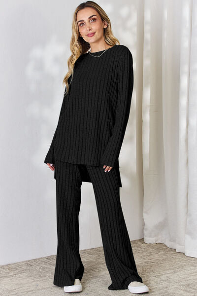 Basic Bae Full Size Ribbed High-Low Top and Wide Leg Pants Set - AllIn Computer