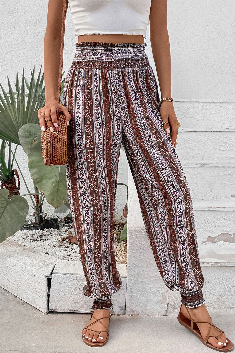 Smocked Printed High Waist Pants - AllIn Computer