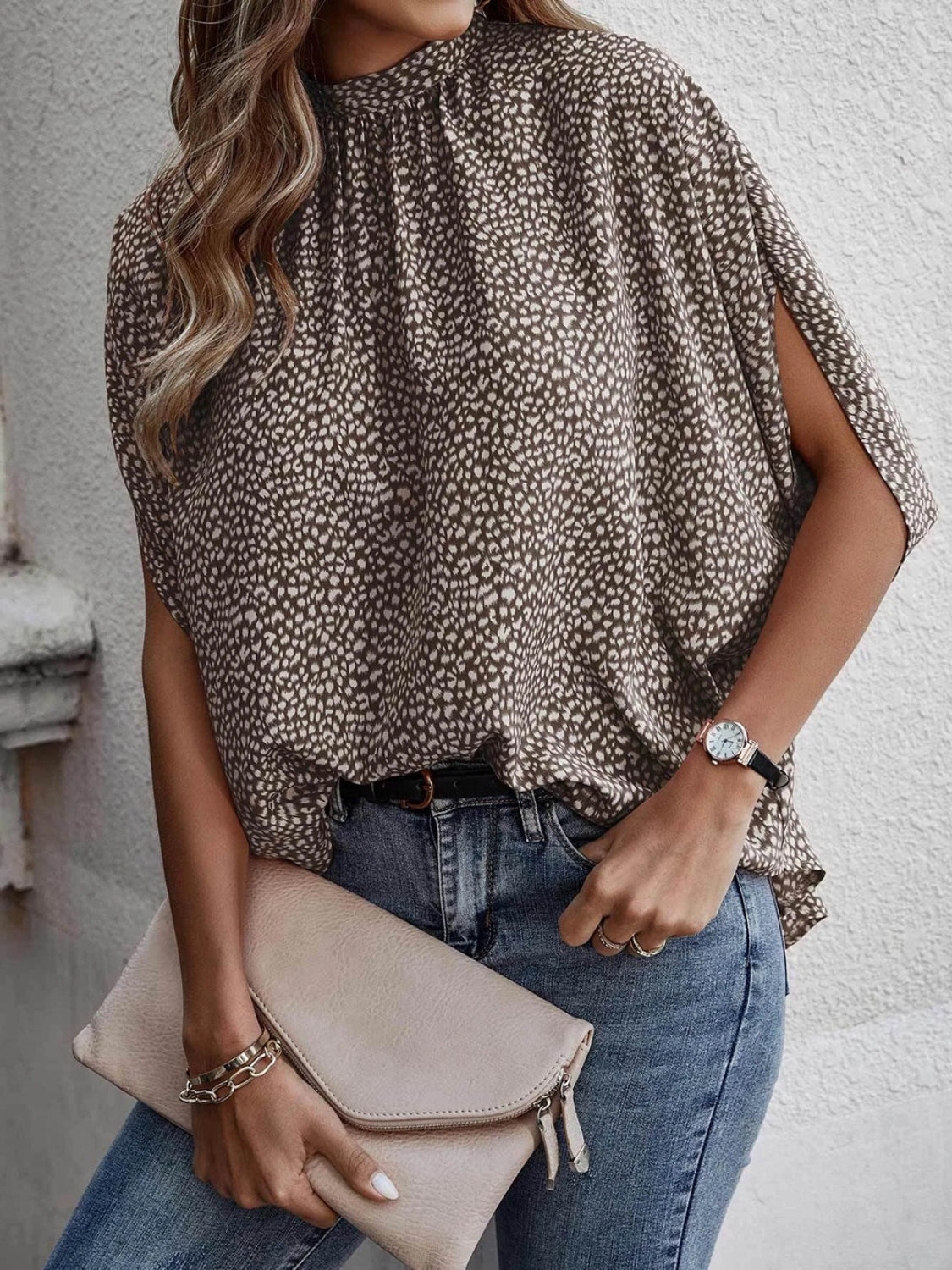Tied Printed Mock Neck Half Sleeve Blouse - AllIn Computer