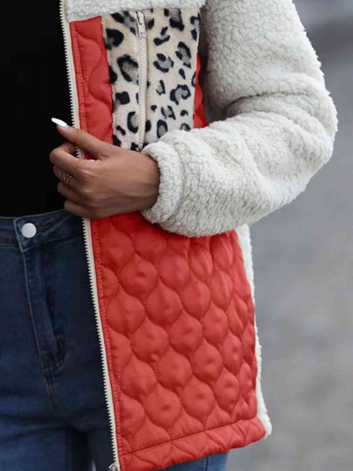 Leopard Color Block Zip-Up Jacket - AllIn Computer