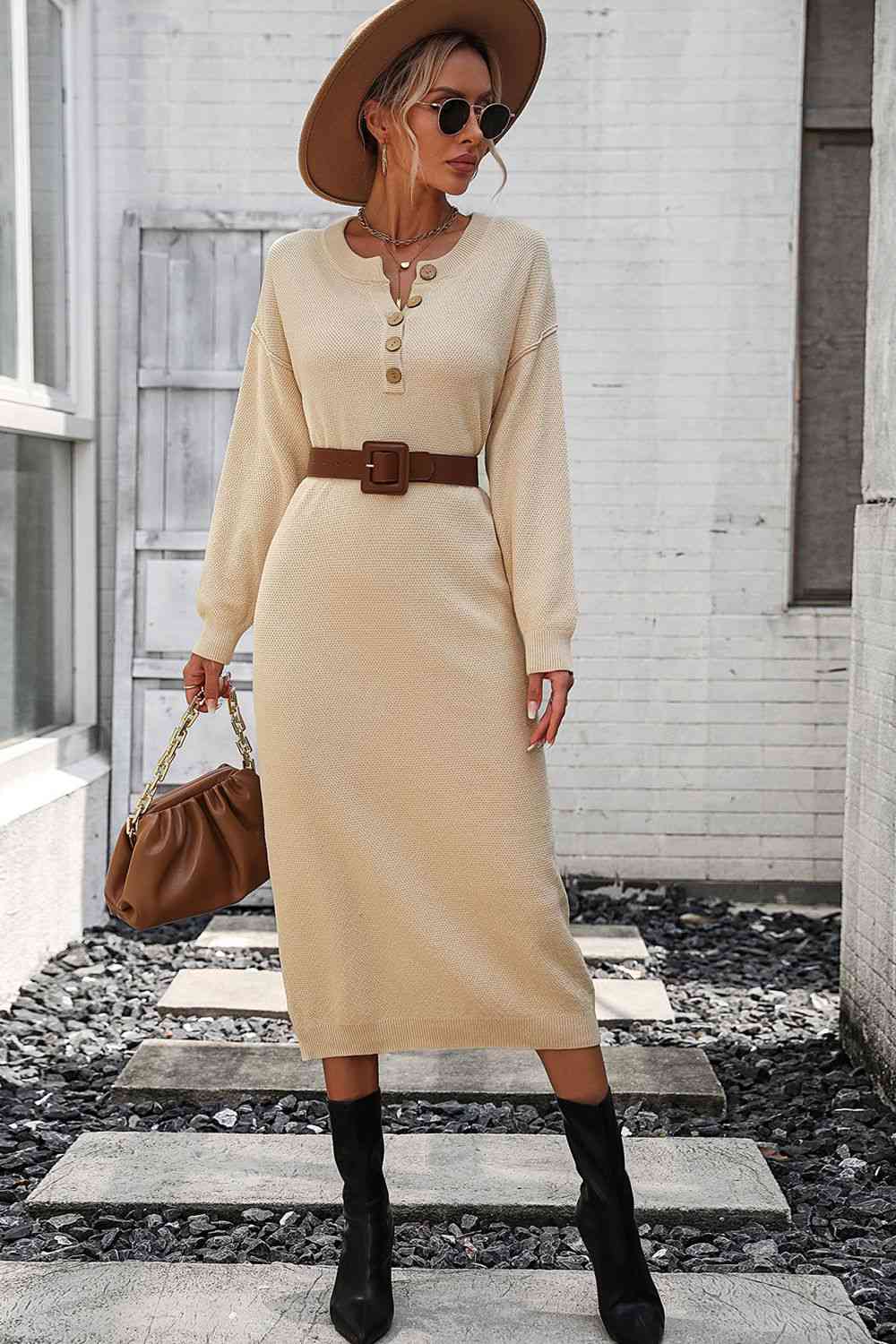 Notched Neck Dropped Shoulder Button-Down Midi Dress - AllIn Computer