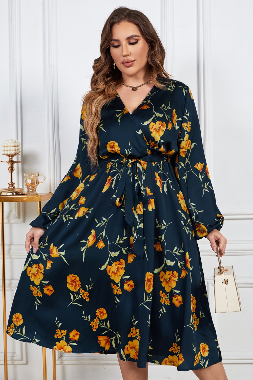 Melo Apparel Plus Size Floral Print Surplice Neck Midi Dress - AllIn Computer