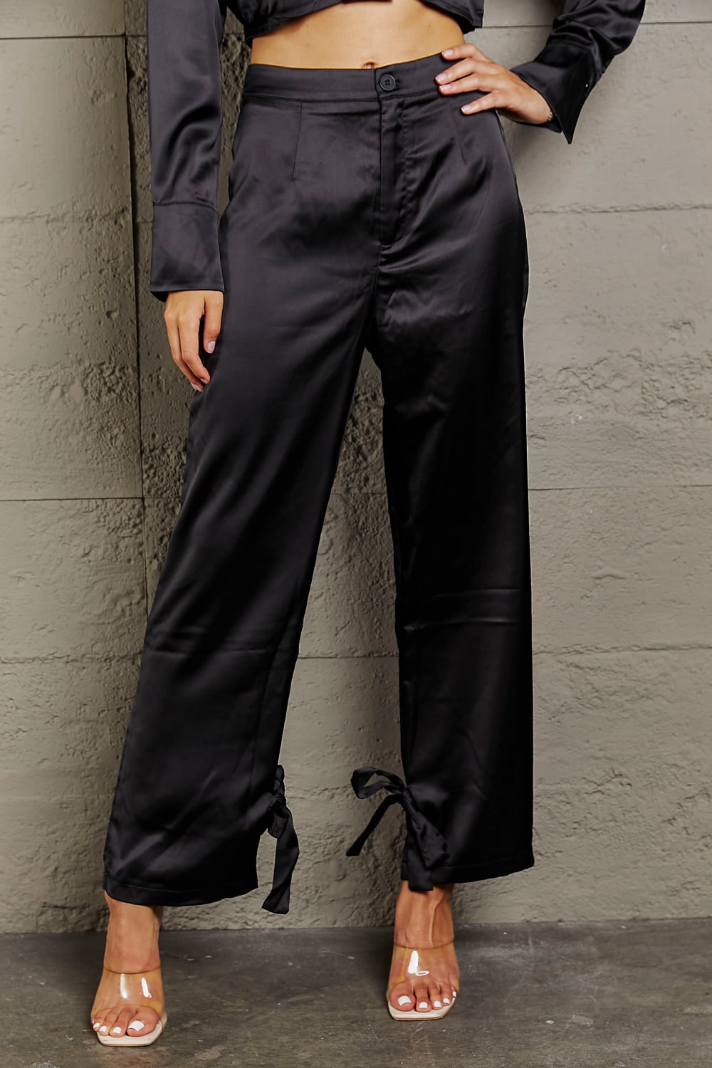 Long Sleeve Cropped Blouse and Tie Detail Long Pants Set - AllIn Computer