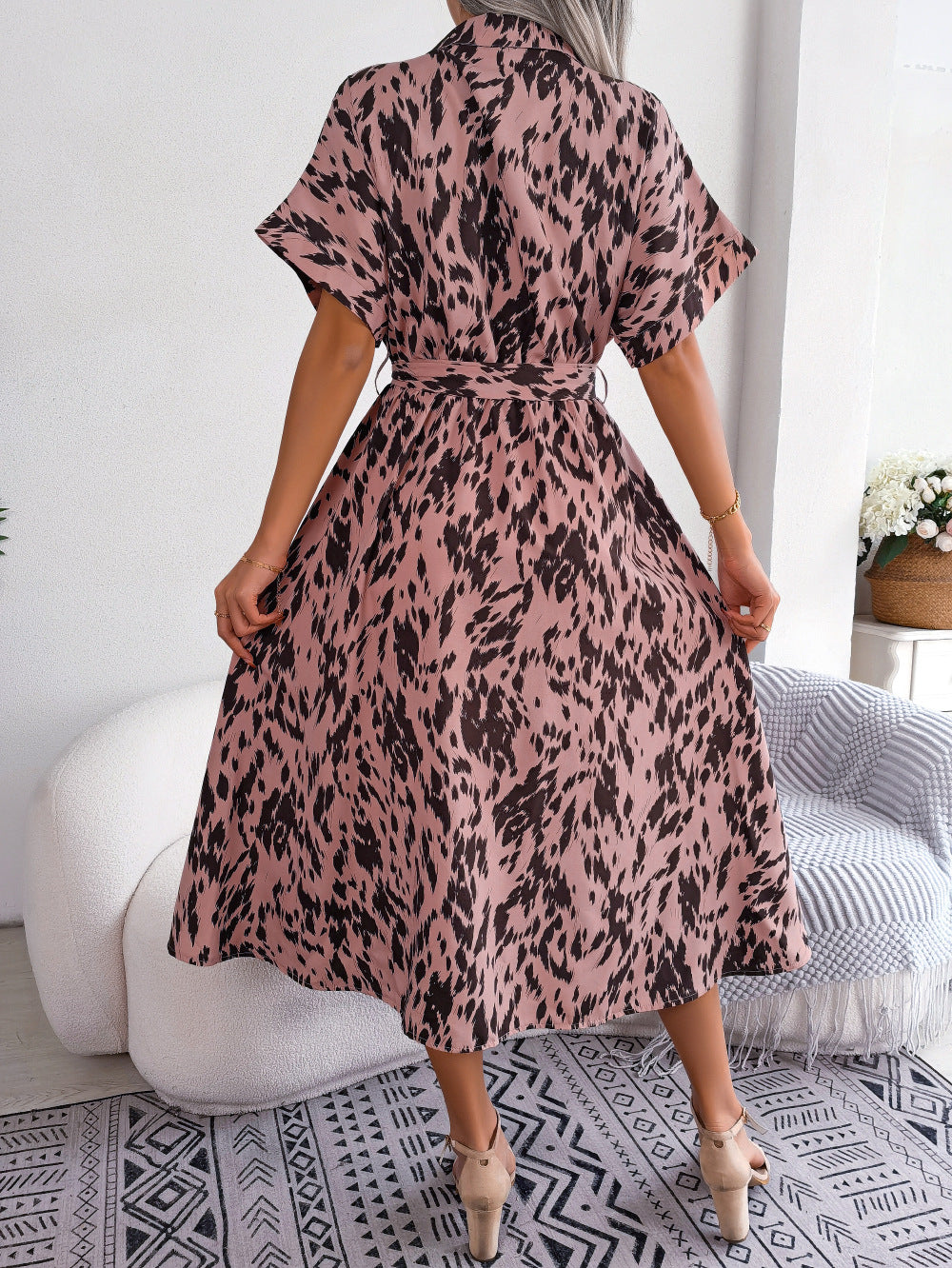 Printed Collared Neck Short Sleeve Tie Waist Dress - AllIn Computer