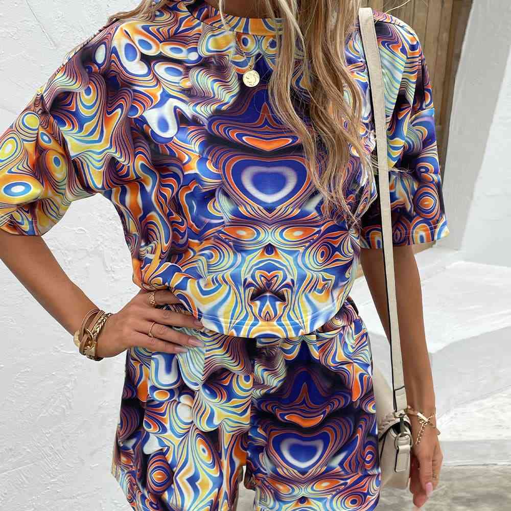 Printed Round Neck Dropped Shoulder Half Sleeve Top and Shorts Set - AllIn Computer