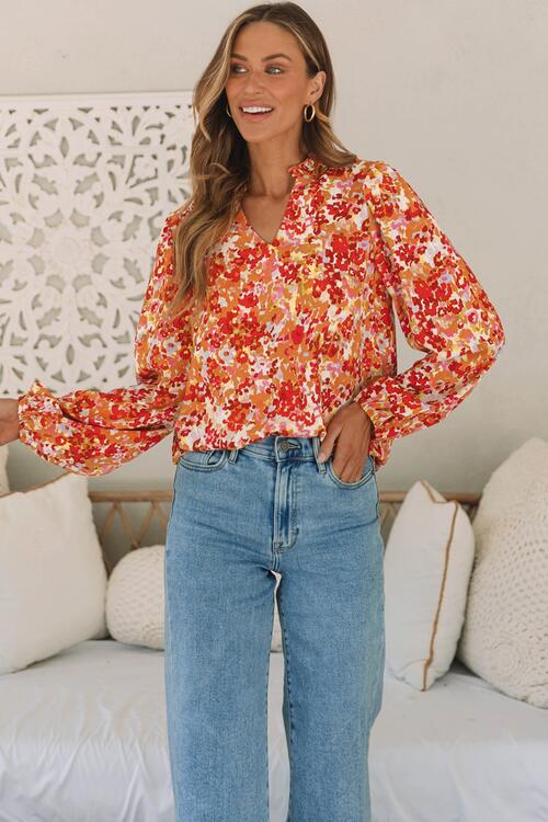 Floral Notched Balloon Sleeve Blouse - AllIn Computer