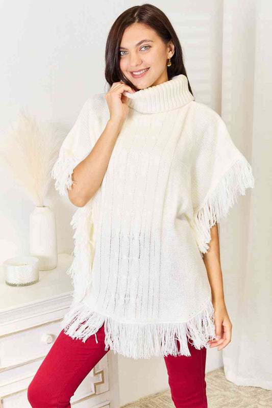 Justin Taylor Turtle Neck Fringe Poncho - AllIn Computer