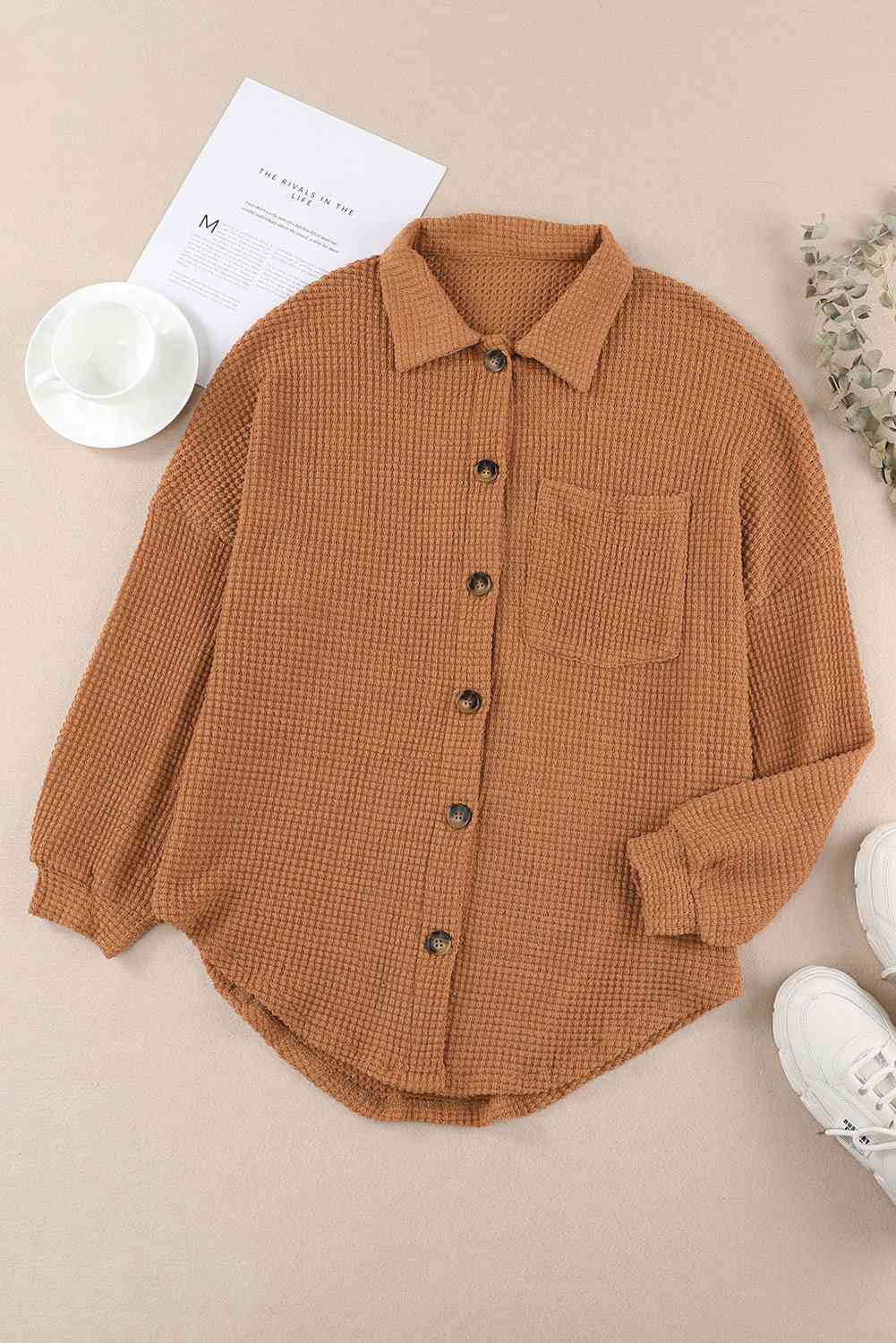 Waffle-Knit Button Up Long Sleeve Shirt with Pocket - AllIn Computer