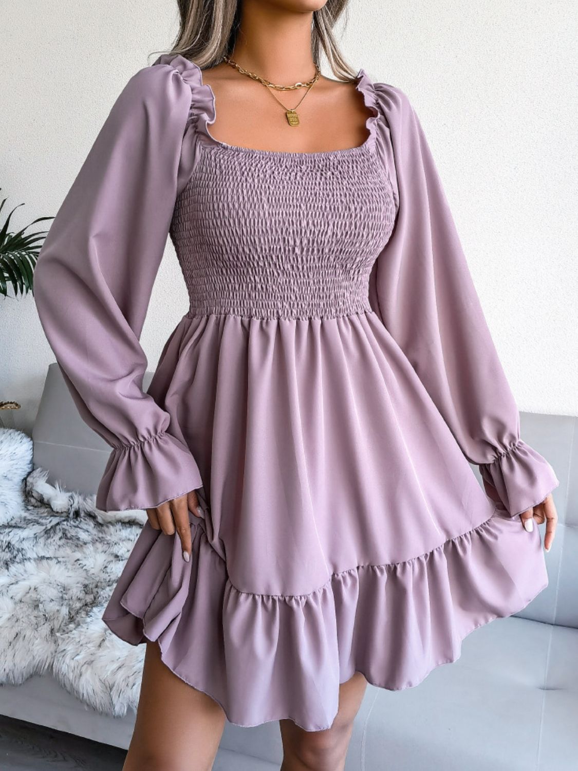 Smocked Flounce Sleeve Square Neck Dress - AllIn Computer