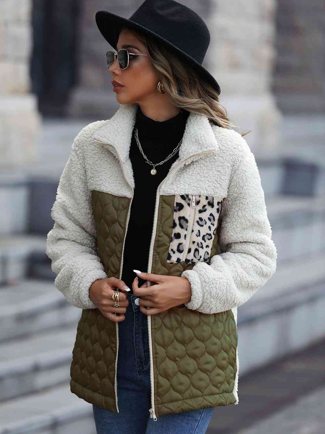 Leopard Color Block Zip-Up Jacket - AllIn Computer