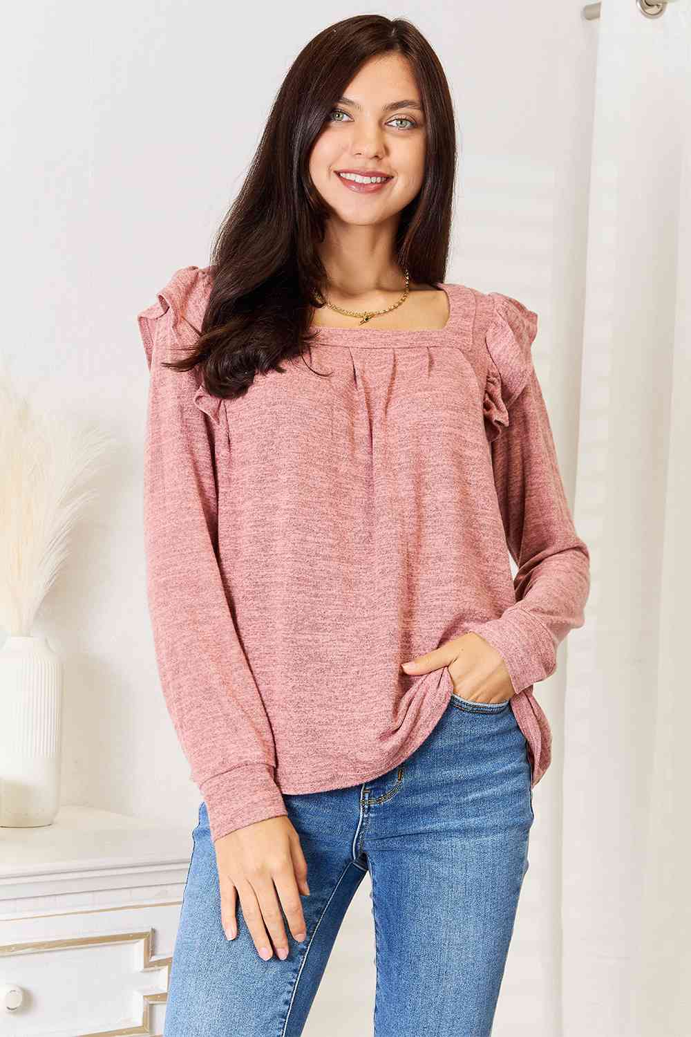 Double Take Square Neck Ruffle Shoulder Long Sleeve T-Shirt - AllIn Computer