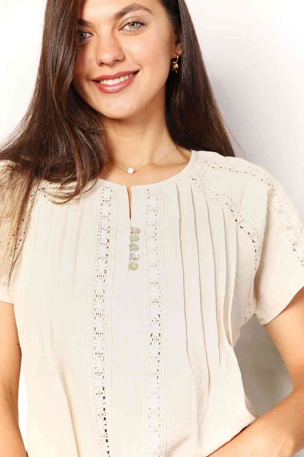 Double Take Crochet Buttoned Short Sleeves Top - AllIn Computer