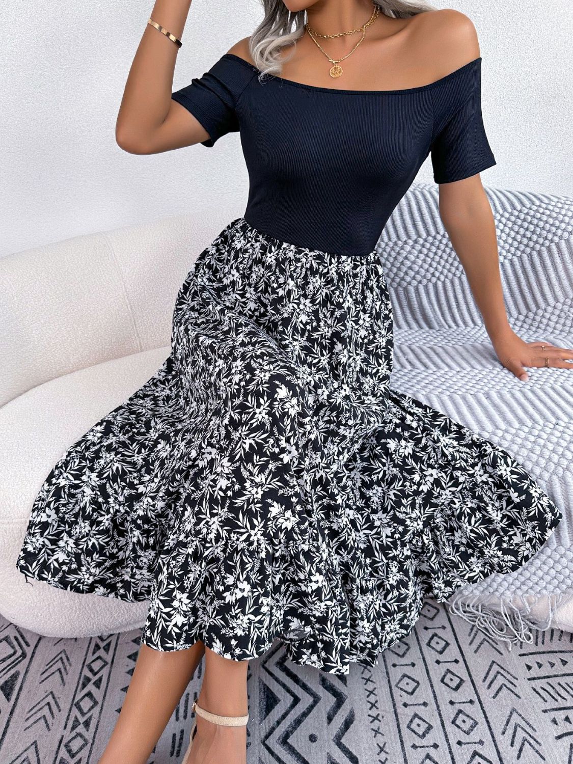 Printed Off-Shoulder Ruffle Hem Dress - AllIn Computer