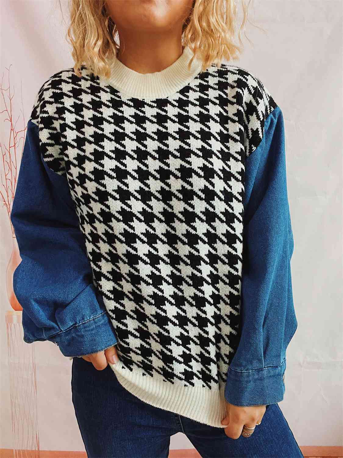 Houndstooth Denim Sleeve Sweater - AllIn Computer