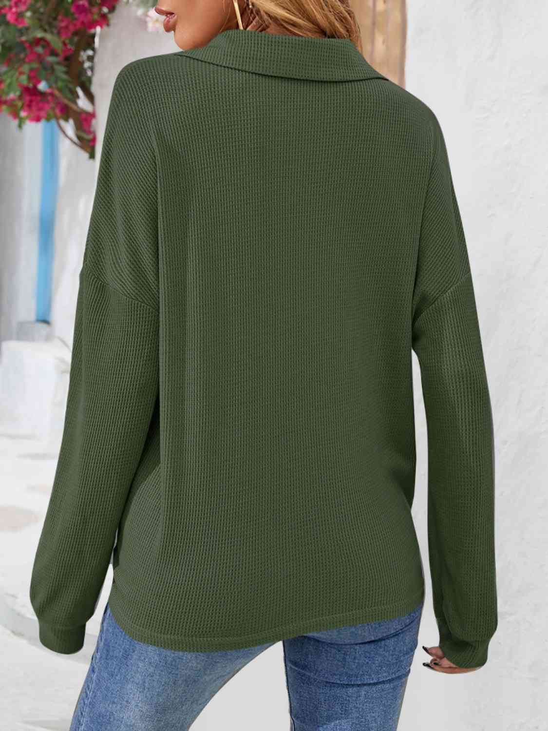 Half Button Collared Neck Long Sleeve Top - AllIn Computer
