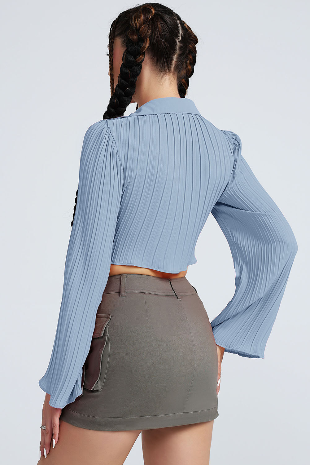 Tie Front Johnny Collar Flare Sleeve Cropped Top - AllIn Computer