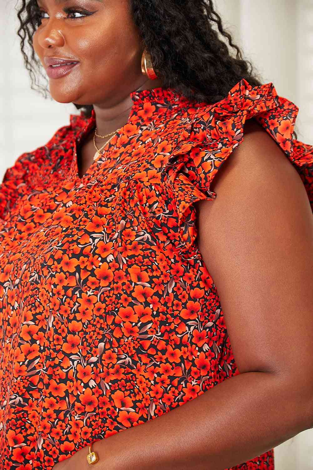 Double Take Floral Flutter Sleeve Notched Neck Blouse - AllIn Computer