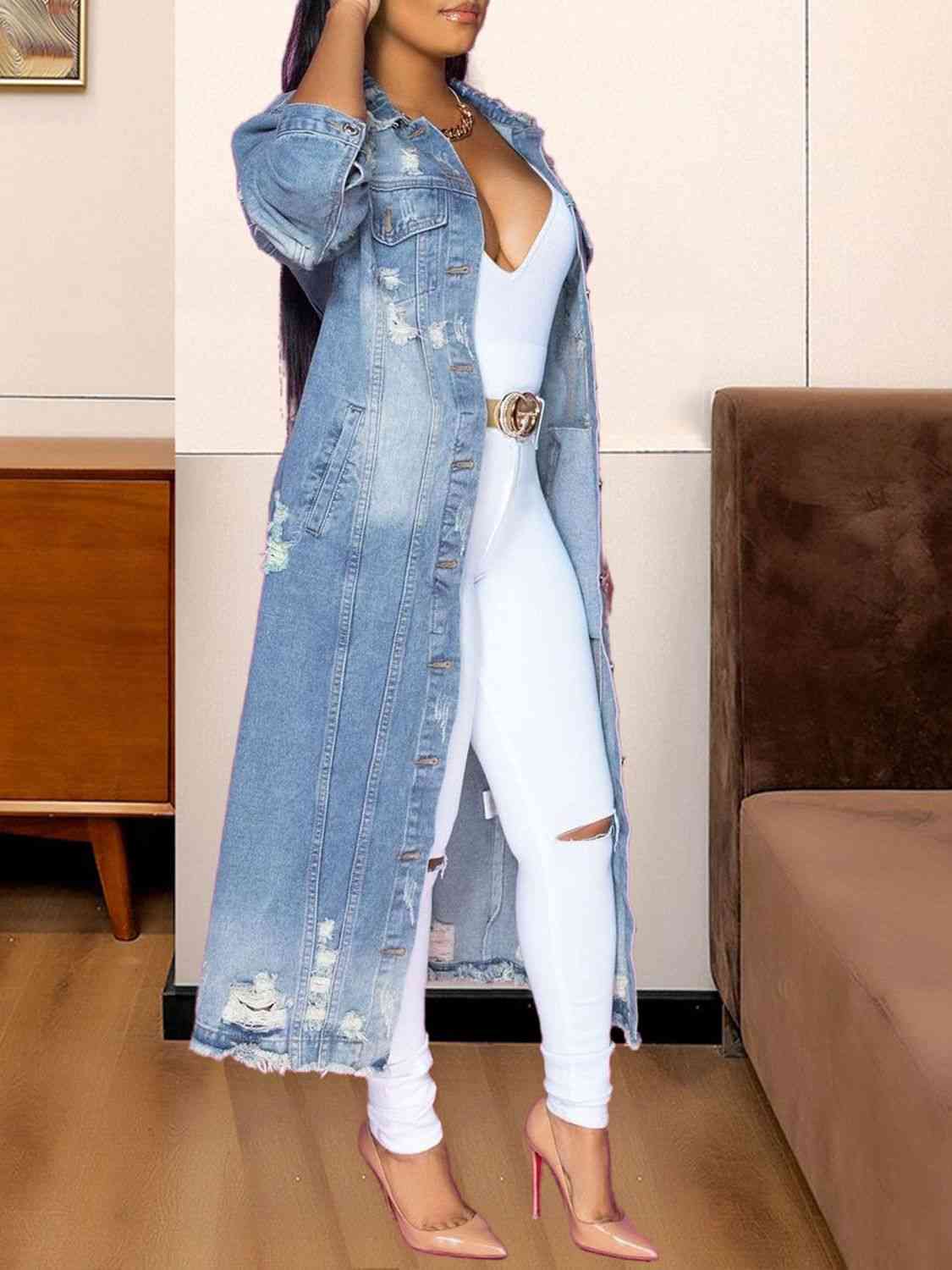Long Sleeve Raw Hem Denim Jacket - AllIn Computer