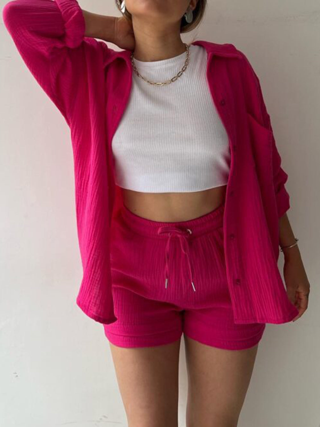 Texture Button Up Shirt and Drawstring Shorts Set - AllIn Computer