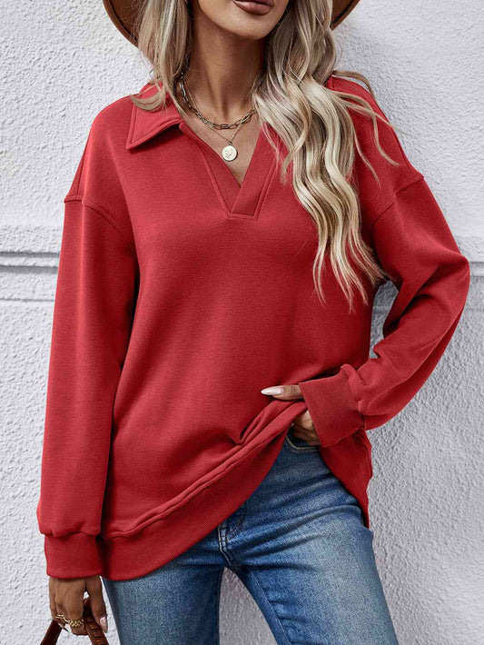 Collared Neck Dropped Shoulder Sweatshirt - AllIn Computer